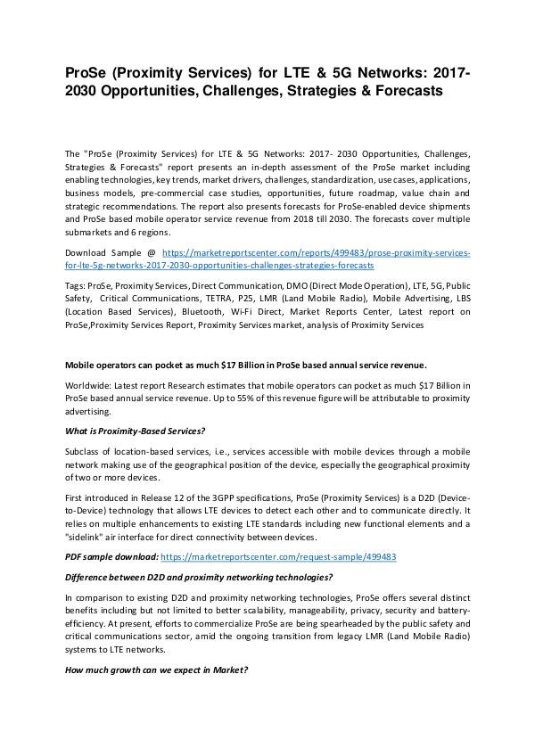 ProSe (Proximity Services) for LTE & 5G Networks: 2017- 2030 ProSe (Proximity Services) for LTE & 5G Networks: