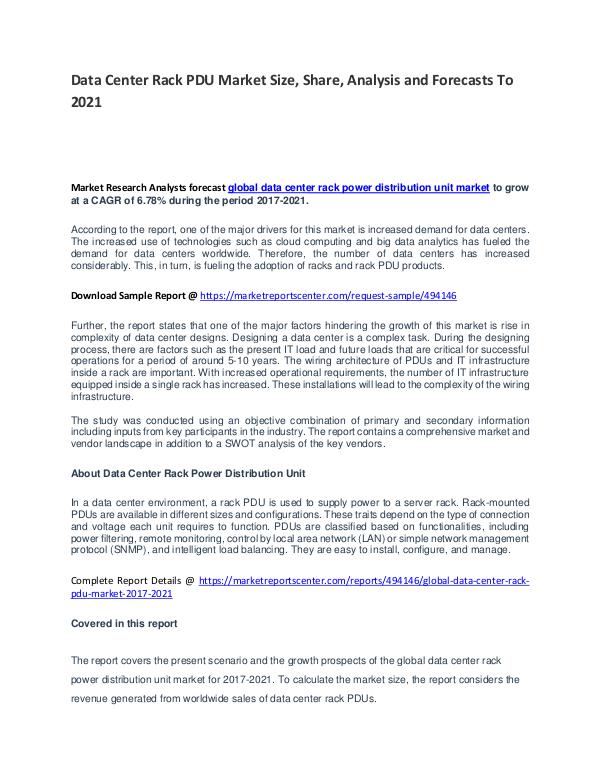 Data Center Rack PDU Market Report Analysis to 2021 Data Center Rack PDU Market