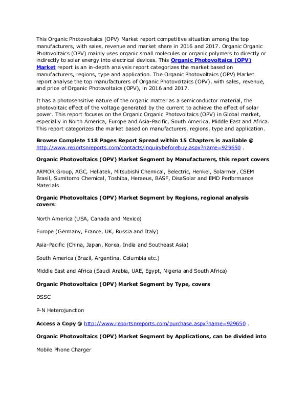 Organic Photovoltaics (OPV) Market Analysis Worldwide in 2017 Report March. 2017