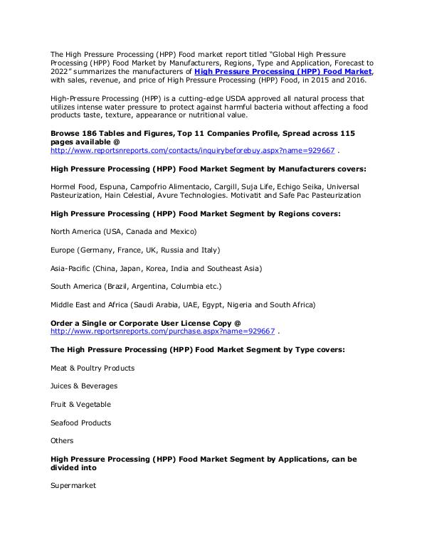 High Pressure Processing (HPP) Food Market Forecast To 2022 March. 2017