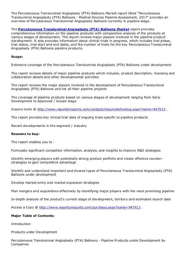 Percutaneous Transluminal Angioplasty Balloons Market 2017 Report March. 2017