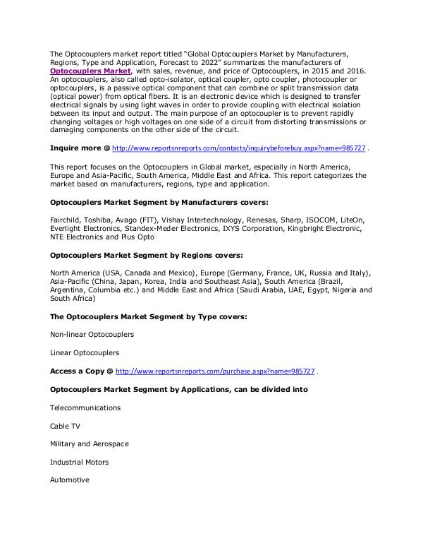 Optocouplers Market Top Manufacturers & Industry Demand Forecast 2022 May. 2017