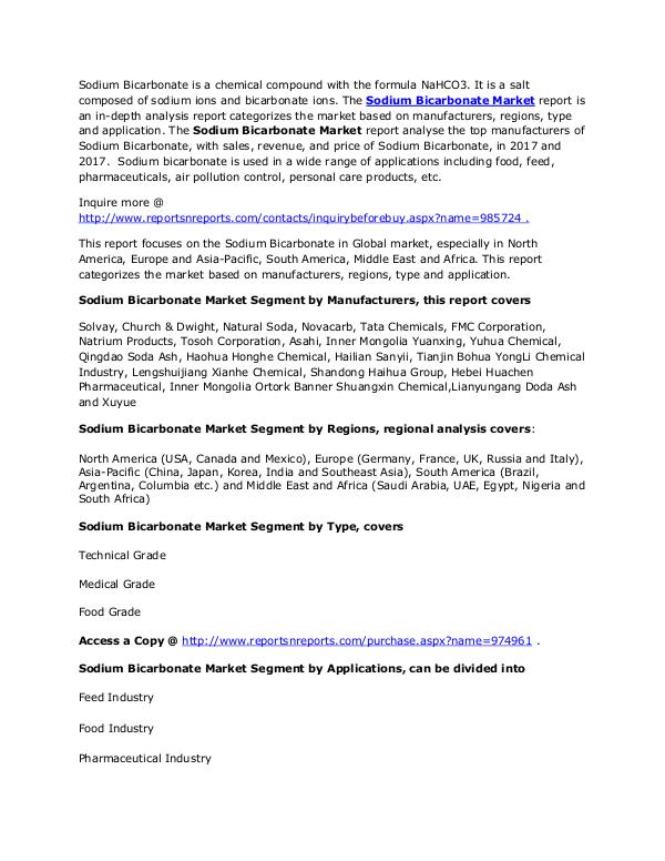 Worldwide Sodium Bicarbonate Market Analysis and Forecasts Till 2022 May. 2107