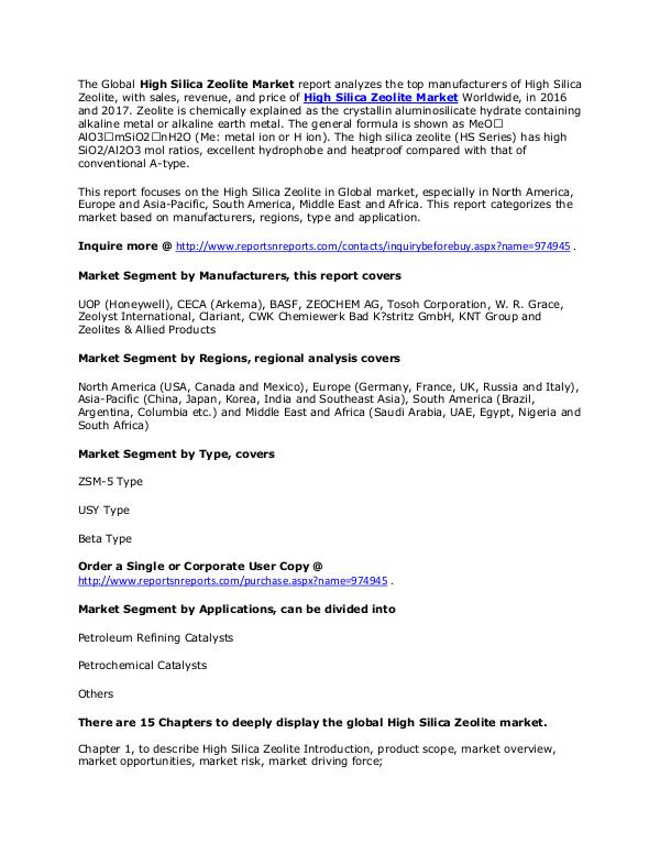 High Silica Zeolite Market by Type ZSM-5, Beta in Analyzed in 2017 May. 2017