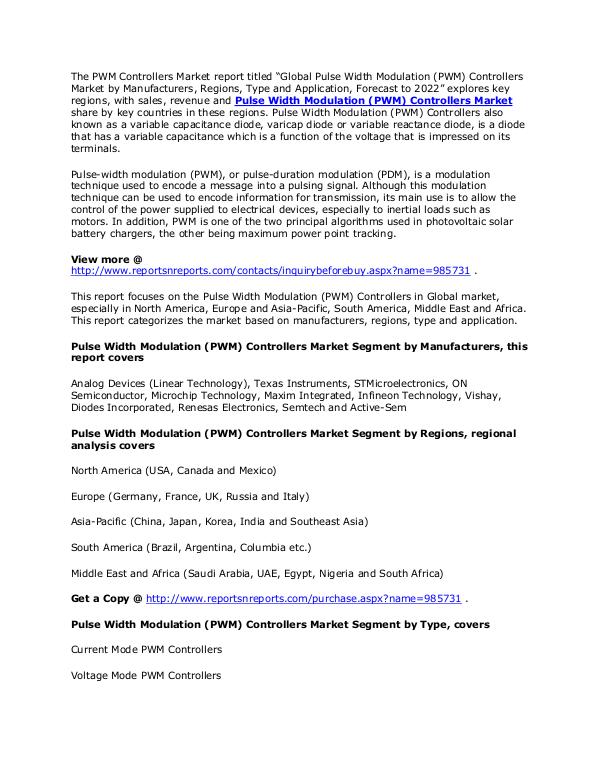 Pulse Width Modulation Controllers Market Revenue and Forecasts 2022 May. 2017
