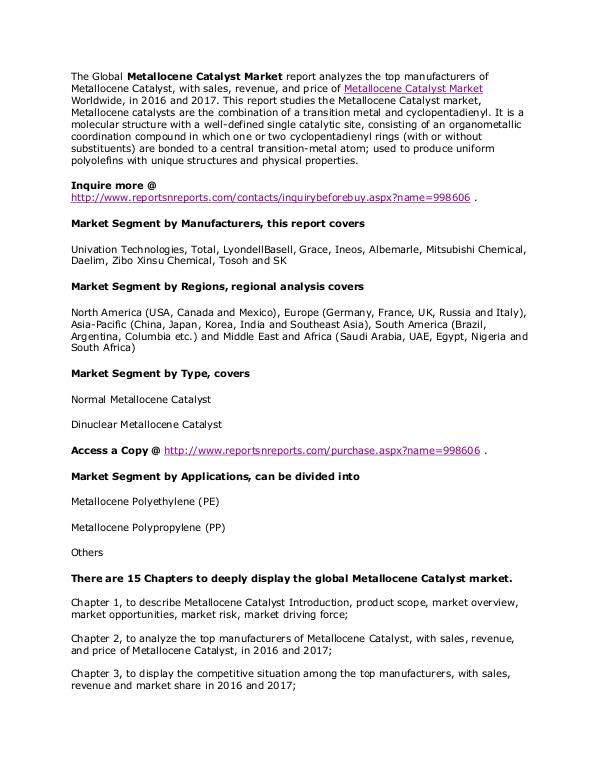 2017 Metallocene Catalyst Market Forecasts to 2022 May. 2017