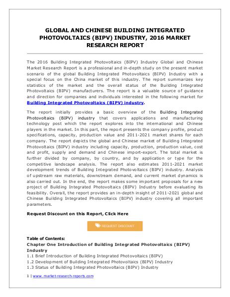 Global and Chinese BIPV Market Demands and Dynamics Forecasts to 2021 Jan. 2016