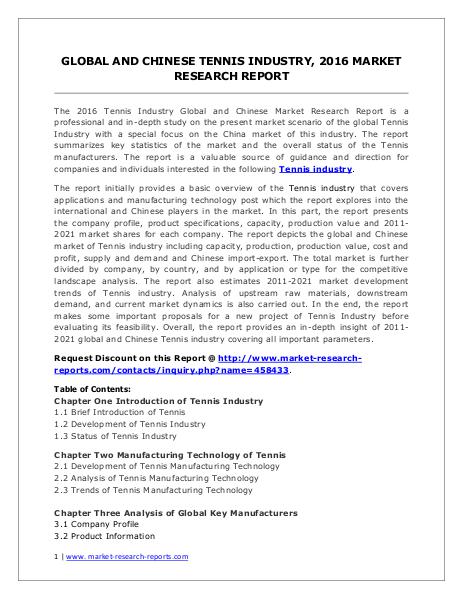 Tennis Market Supply and Consumption Analysis and Forecasts to 2021 Jun. 2016