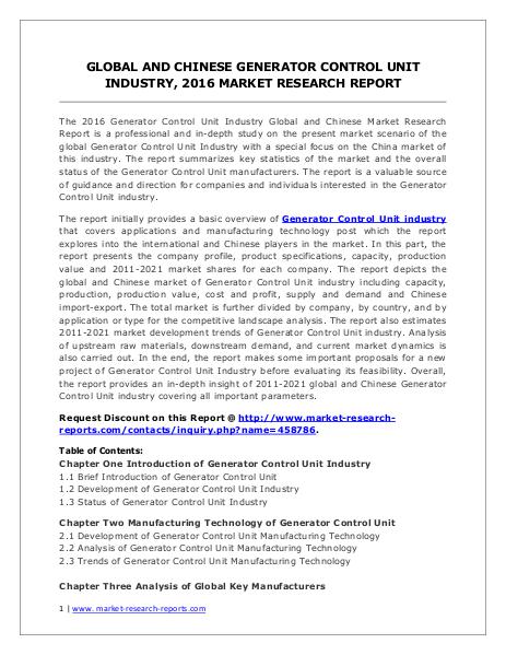 Generator Control Unit Market Analysis, Size, Share and Forecast 2021 Jun. 2016