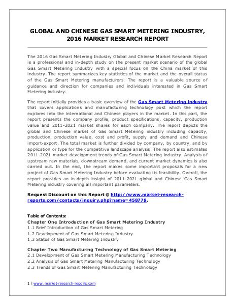 Gas Smart Metering Market Analysis and Forecasts 2016 to 2021 Jun. 2016