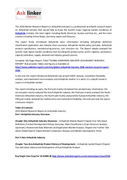 Anhydride Market Analysis by Supply, Sales, Demand & Forecast to 2020 Feb. 2016