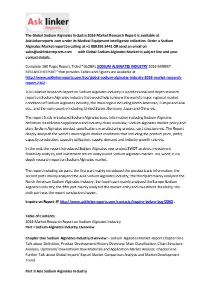 Sodium Alginates Market Share and Manufactures Analysis Report 2016 Feb. 2016