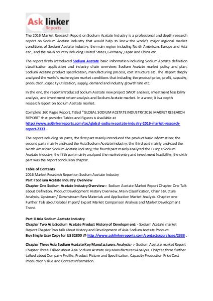 Sodium Acetate Market Analysis and Industry Forecasts to 2020 Feb.2016