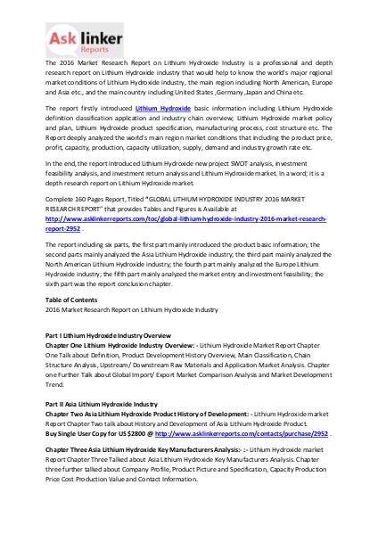 Lithium Hydroxide Market Demand and Industry Trend Forecasts to 2020 Mar. 2016