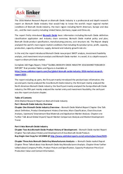 Bismuth Oxide Market Conditions and Industry Forecasts 2016 to 2020 Mar. 2016