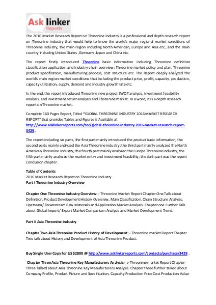 Threonine Market Capacity Production and Forecasts 2016 to 2020 Mar. 2016