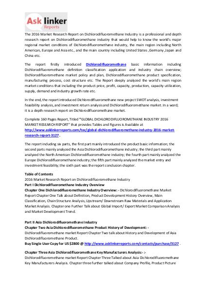 Dichlorodifluoromethane Market Analysis and Industry Forecasts 2020 Mar. 2016