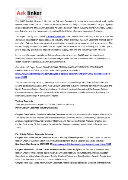 Calcium Caseinate Market Conditions 2016 and Industry Forecasts 2020 Mar. 2016
