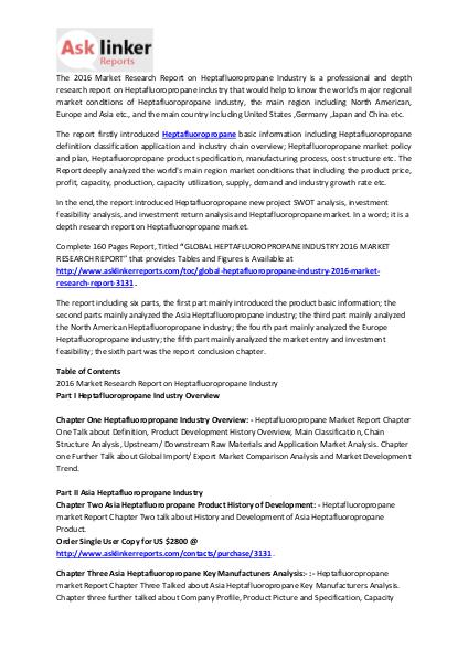 Heptafluoropropane Market Upstream Demands and Industry Forecast 2020 Mar. 2016