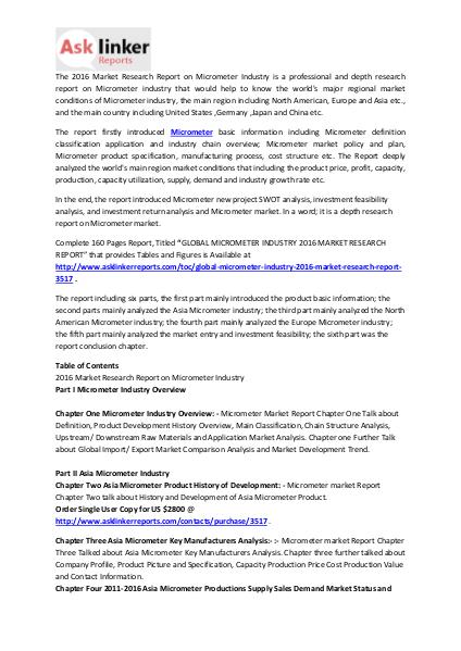 Micrometer Market Growth, Share and Industry Demands Forecast to 2020 Mar. 2016