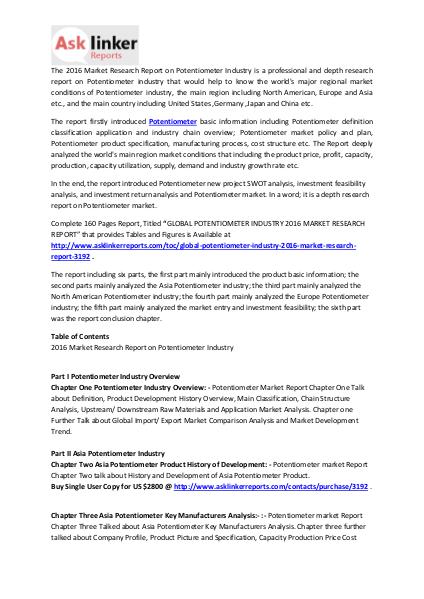 Potentiometer Market Investment and Industry Trends Forececasts 2020 Mar. 2016