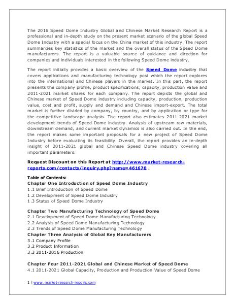 Speed Dome Market Manufacturers and Industry Trends Forecasts to 2020 Jul. 2016