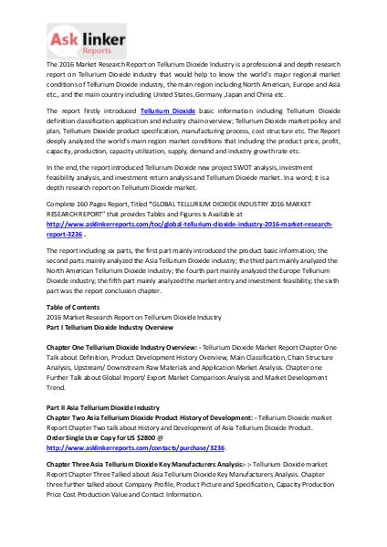 Tellurium Dioxide Market Demand Analysis and Industry Forecasts 2020 Mar. 2016