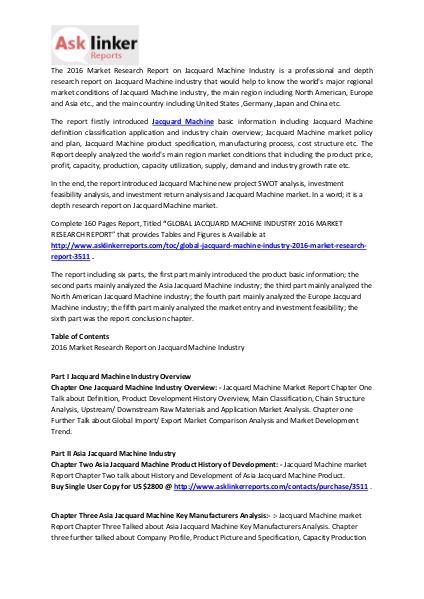 Jacquard Machine Market Share and Industry Demand Forecasts to 2020 Mar. 2016