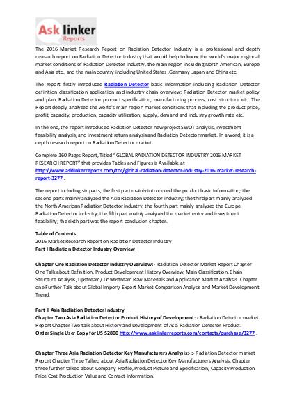 Radiation Detector Market Chain Structure Analysis and Forecasts 2020 Mar. 2016