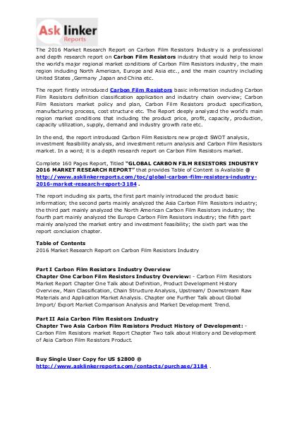Carbon Film Resistors Market Production and Shares Forecasts to 2020 Mar. 2016