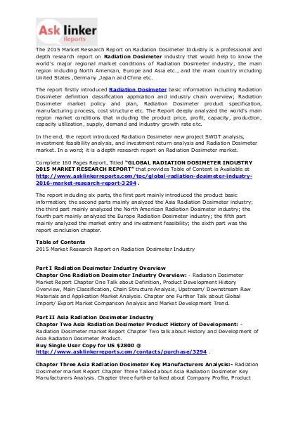 Radiation Dosimeter Market Demand, Status and Forecasts to 2020 Mar. 2016