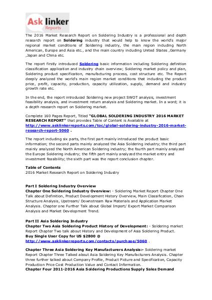 Soldering Market Demand Analysis and Industry Forecasts to 2020 Apr. 2016