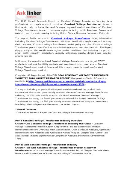 Constant Voltage Transformer Market Analysis and Forecasts to 2020 Mar. 2016