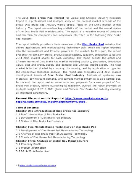 Disc Brake Pad Market in Global and China Industry Forecasts to 2021 Aug. 2016