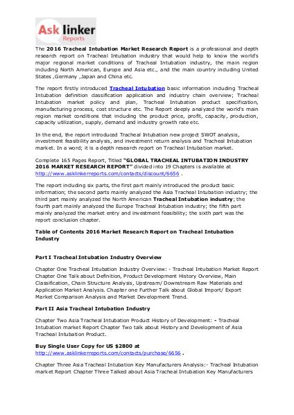 Tracheal Intubation Market Analysis by Main Regions and Forecast 2020 Jul. 2016