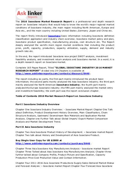 Isooctane Market Analysis 2016 and Global Industry Forecasts to 2020 Aug. 2016