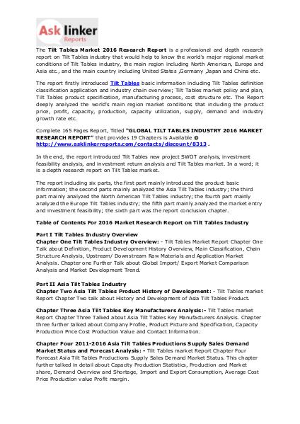 Tilt Tables Market Share and Industry Chain Struccture Forecasts 2020 Aug. 2016