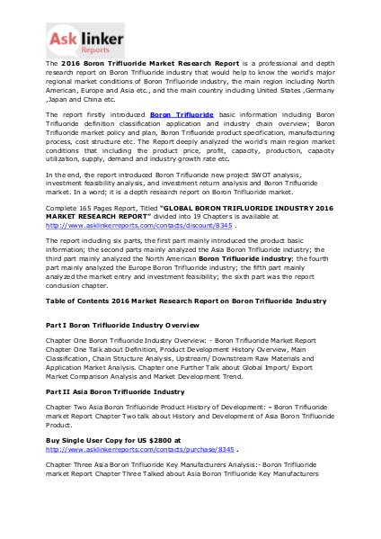 Global Boron Trifluoride Market Analysis and Industry Forecasts 2020 Aug. 2016