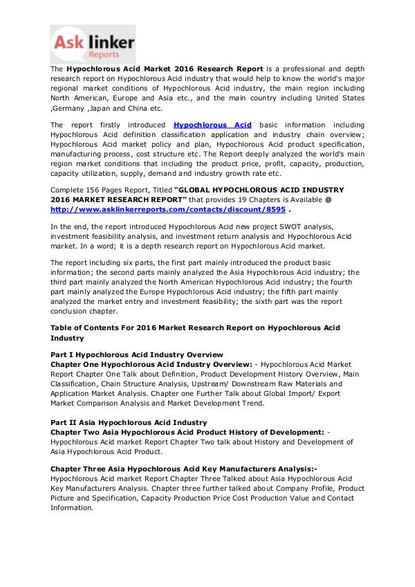 Hypochlorous Acid Market 2016 - Industry Demand and Forecasts to 2020 Aug. 2016