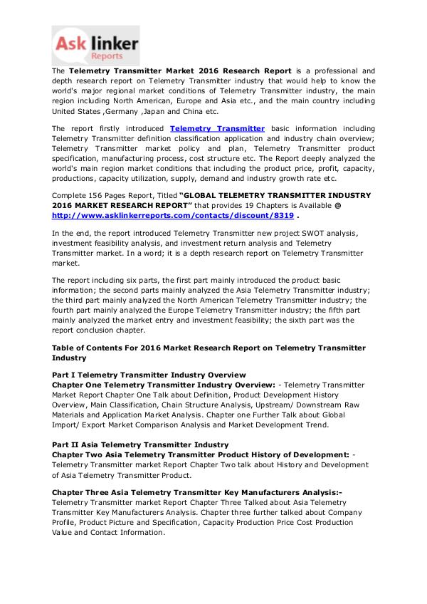 Telemetry Transmitter Market Growth, Share and Industry Forecast 2020 Aug. 2016