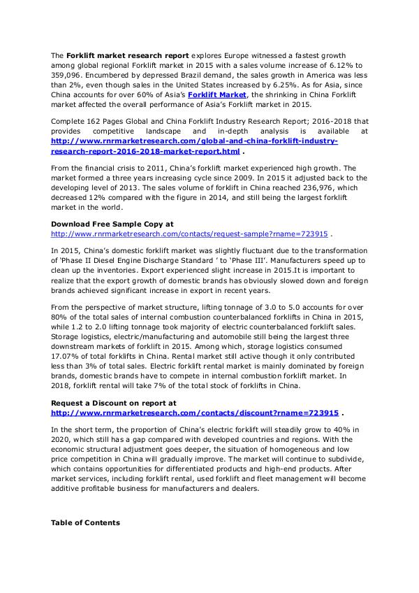 Forklift Market Analysis 2016: Industry Development and Forecast 2018 Oct. 2016