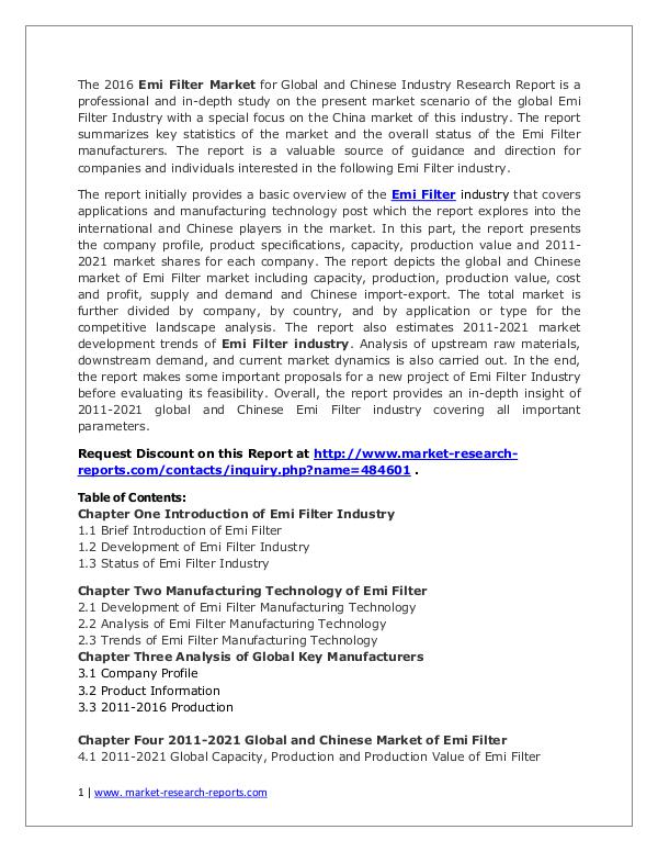 Emi Filter Market Development Trends and Industry Forecasts to 2020 Oct. 2016