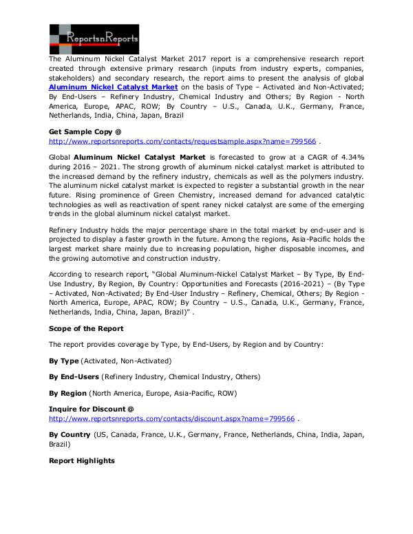Aluminum Nickel Catalyst Market Analysis by Global Trend in 2017-2021 Jan. 2017