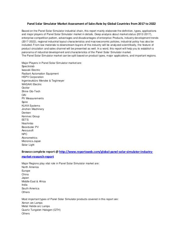 Emerging Market Research Reports Panel Solar Simulator Market Assessment 2017
