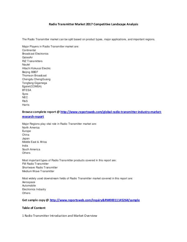 Radio Transmitter Market 2017 Competitive Landscap