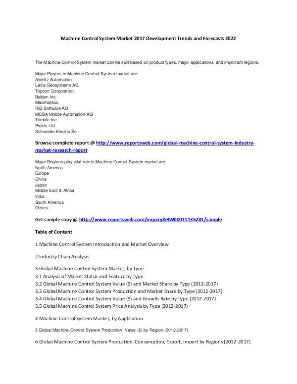 Emerging Market Research Reports Machine Control System Market 2017 Development Tre