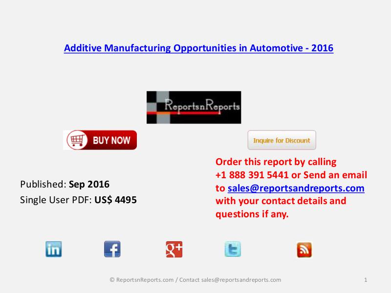 Additive Manufacturing Market Advantages to Firms in Automotive 2016 Sep 2016