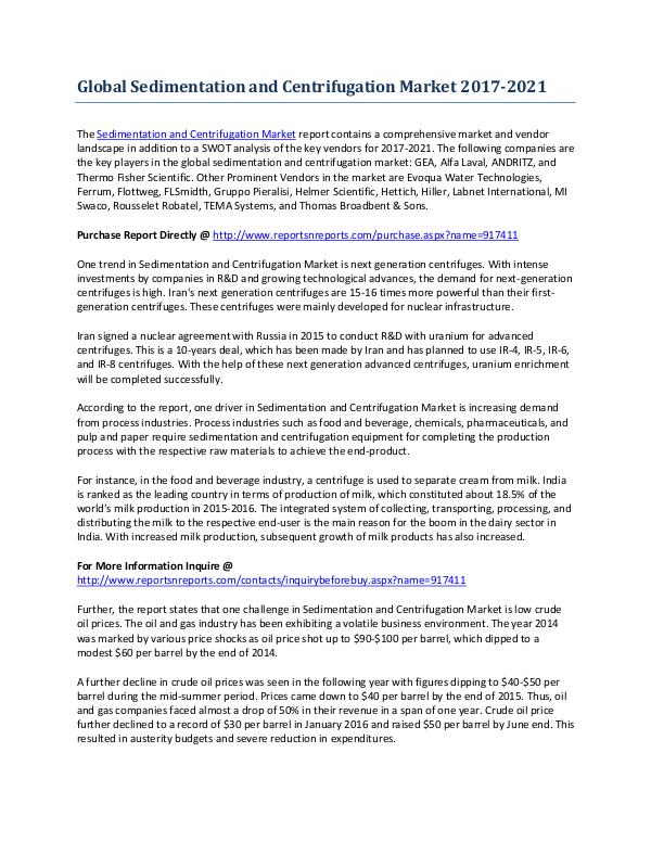 Global Analysis of the Sedimentation and Centrifugation Market Feb-2017