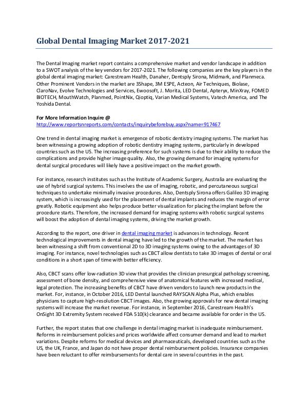 Global Growth Prospects Analysis of the Dental Imaging Market Feb-2017