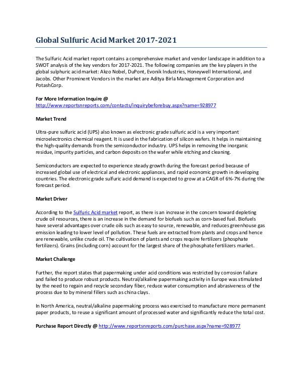 Global Overview on the Growth of the Sulfuric Acid Market Mar-2017